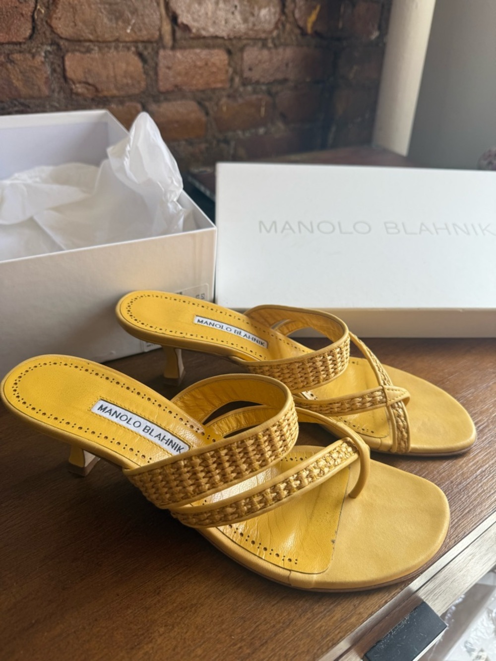 Manolo Blahnik Susa Yellow Raffia Sandal, 50mm